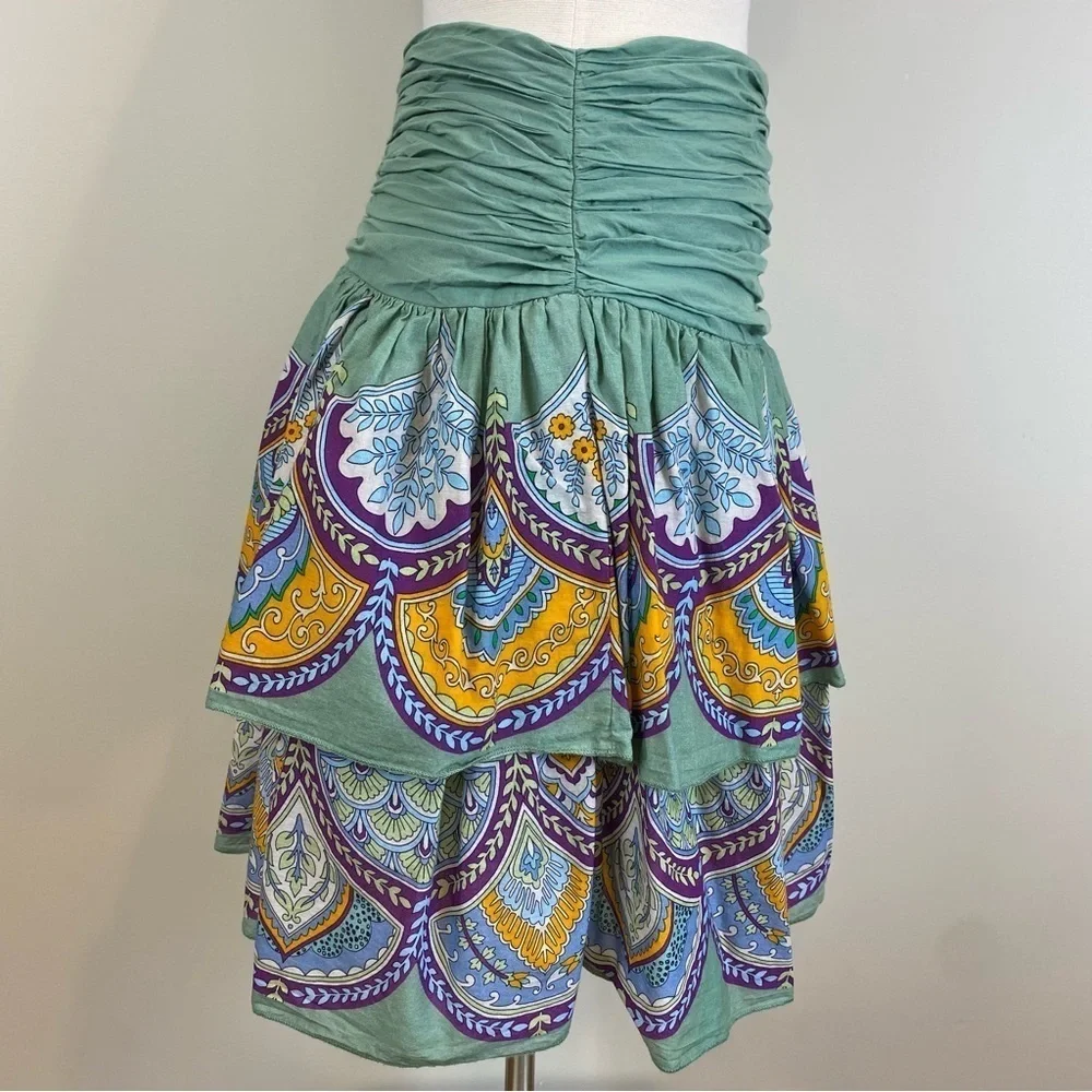 Anthropologie LetMeBe Tiered Bohemian Mini Skirt Sz S Lined‎ Ruched Waist Fairy